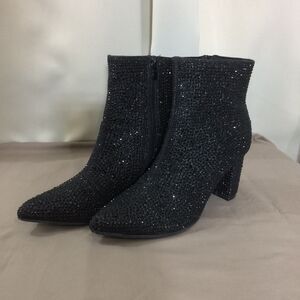 Forever Black Glitter Ankle Boots Size 9 Chunky Heel Zip Party Dressy Shoes